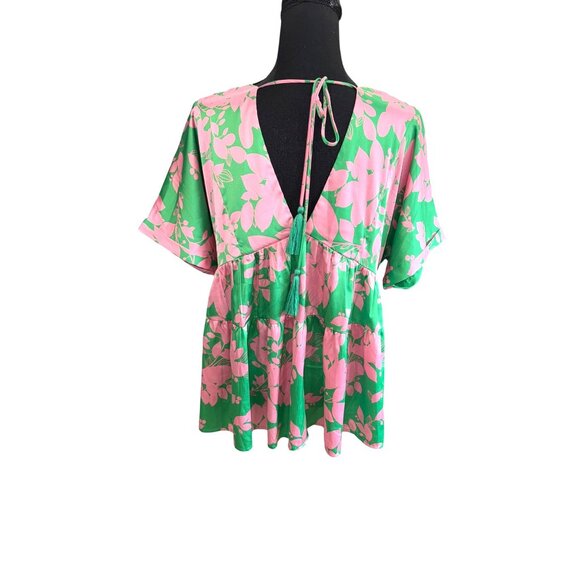 ENTRO Pink Green Floral Satin Tiered Babydoll Blouse Tassel Tie Back L Boho - Picture 2 of 10